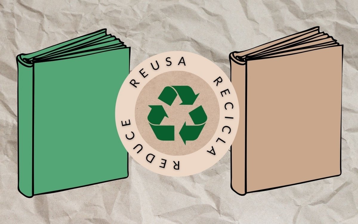 Dos libros junto a un logo de reciclaje que dice reusa reduce recicla